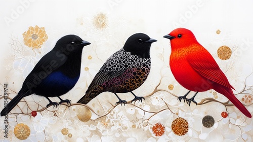 Three birds, one black with blue undertones, one black with patterned feathers, and one red, perch on a branch. photo