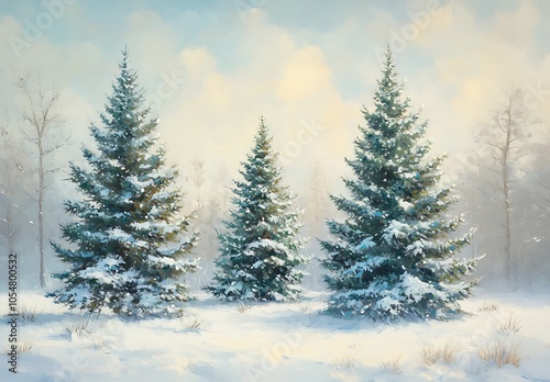 Christmas trees in the snow, misty forest, oil painting, airbrushing, dreamlike atmosphere, fantasy, white and green colors, snowy landscape, Christmas decorations on pine tree