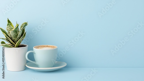 Wallpaper Mural Minimalist Blue Background with Coffee Cup and Snake Plant for Relaxation : Generative AI Torontodigital.ca