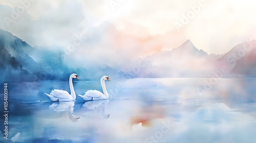 Fototapeta Naklejka Na Ścianę i Meble -  Dreamy watercolor of pastel-colored swans gliding across a calm, soft lake