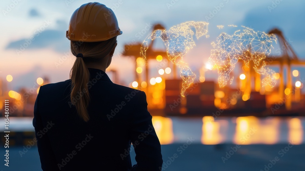 A woman in a hard hat oversees a bustling port, highlighting global trade and technological innovation in logistics and shipping. A woman in a hard hat oversees a bustling port, highlighting global trade and technological innovation in logistics and shipping.