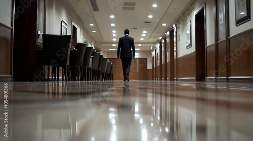 Business Executive Walking Through Modern Office Hallway with Reflections on Polished Floor : Generative AI