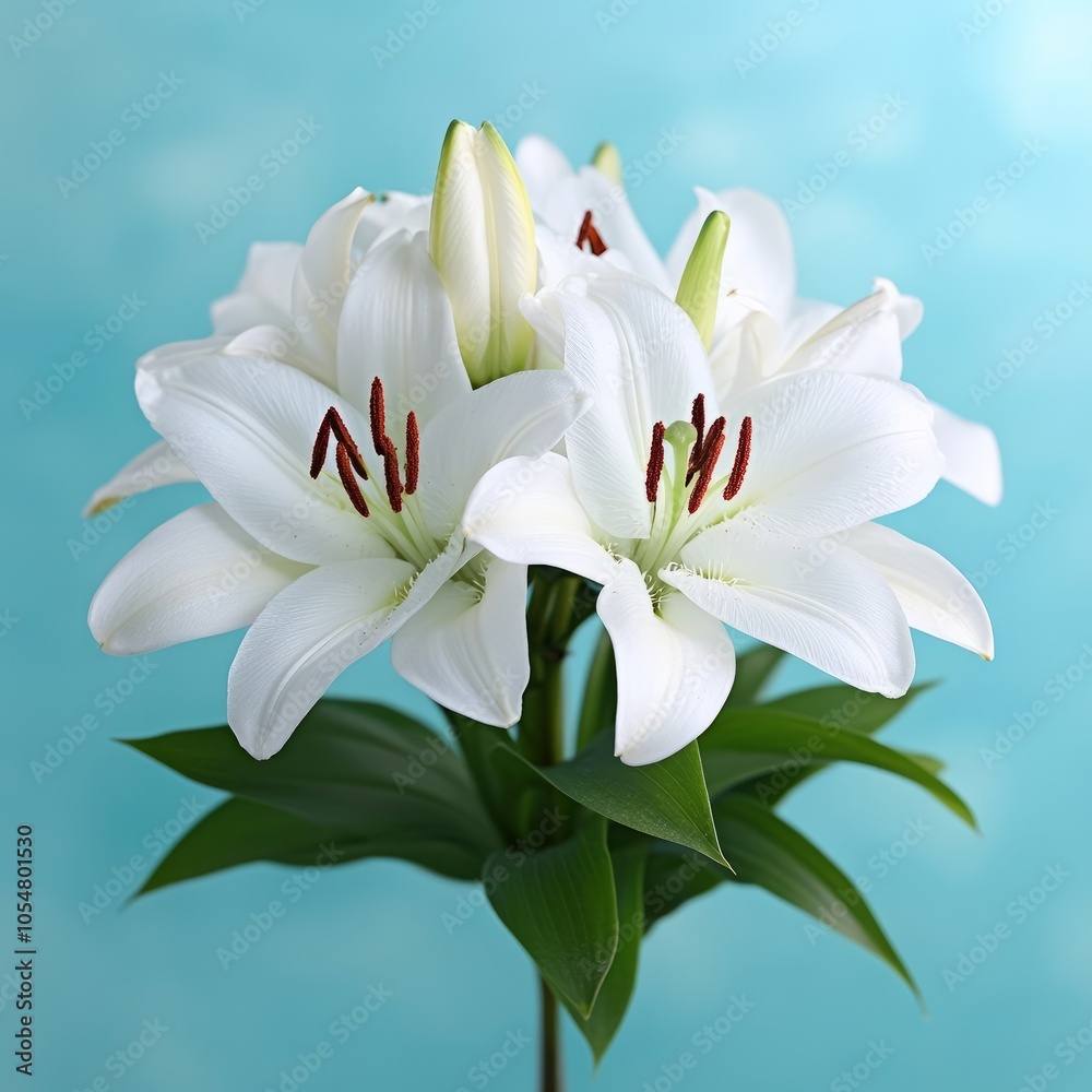 A close-up of elegant white lilies with green leaves against a soft blue background. A close-up of elegant white lilies with green leaves against a soft blue background.