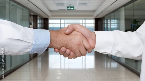 Business Handshake in Modern Office Corridor Signifying Partnership and Agreement : Generative AI