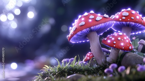 Radiant, colorful mushrooms glow in a magical, forest setting, surrounded by lush greenery and soft bokeh lights, creating an enchanting atmosphere.