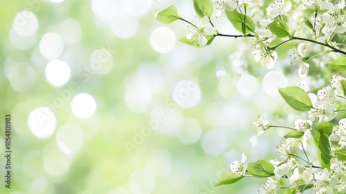 Delicate White Blossoms with Vibrant Green Leaves on a Soft Focus Bokeh Background : Generative AI