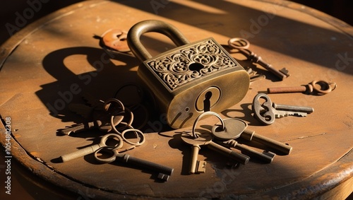 A ornate, antique lock with intricate carvings on its surface sits atop a worn, wooden table, surrounded by a scattering of vintage keys of varying sizes and shapes, with some keys dangling from rusty