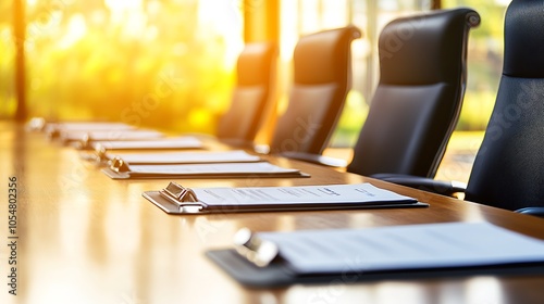 Elegant Corporate Boardroom with Leather Chairs and Sunlight Streaming Through Windows : Generative AI