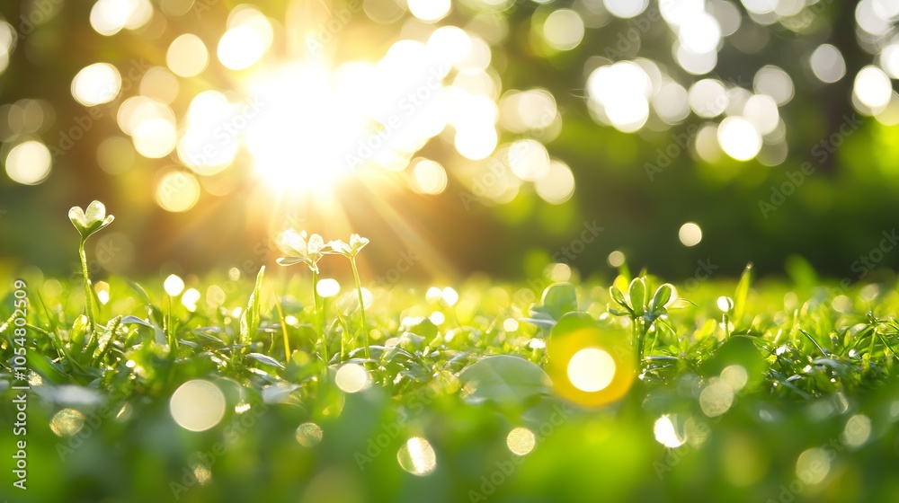 Obraz premium Sunlight Streaming Through Green Grass and Bokeh Background Nature Scene : Generative AI