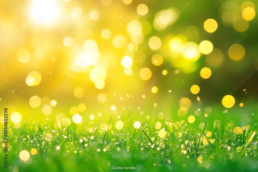 Obraz premium Vibrant Morning Sunburst Over Dewy Grass with Golden Bokeh Background for Refreshing Start : Generative AI