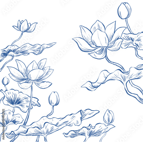 oriental chinese japanese inking lotus flower sketch frame and border illustration