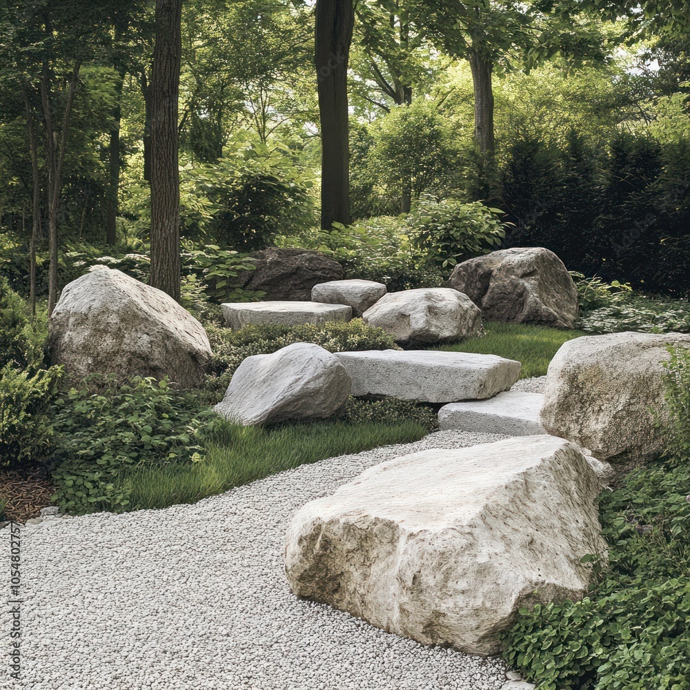Garden with decorative boulders and stones Garden with decorative boulders and stones