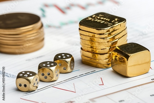 Gold Bars and Dice on Financial Charts Symbolizing Investment and Risk : Generative AI