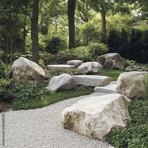 Garden with decorative boulders and stones