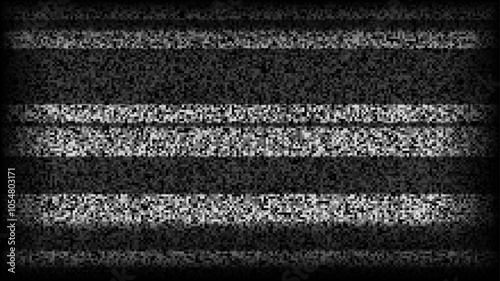 TV static noise background. Glitch pixelated television screen. Lost or bad TV signal VHS video with black stripes wallpaper. White noise grain. CRT screen with interferences or glitches. Vector