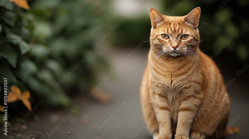 Orange Tabby Cat Sitting on a Leafy Pathway in a Garden Setting : Generative AI Orange Tabby Cat Sitting on a Leafy Pathway in a Garden Setting : Generative AI