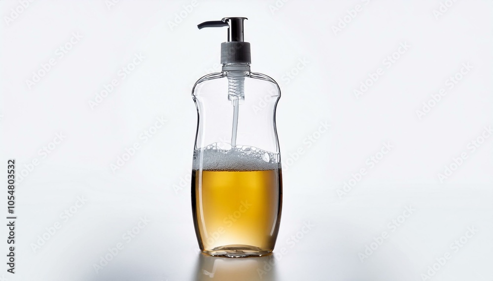 A clear bottle of amber liquid. A clear bottle of amber liquid.