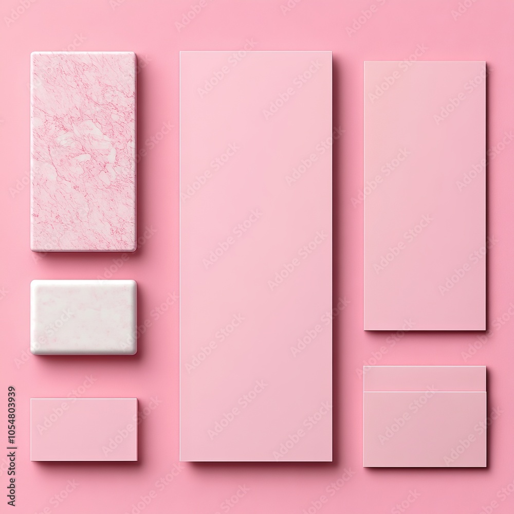 A collection of pink geometric shapes and textures on a pink background.