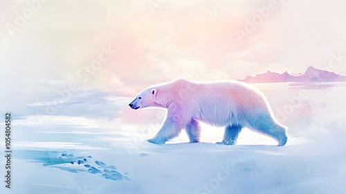 Dreamy pastel-colored watercolor polar bear walking through a soft snow-covered landscape