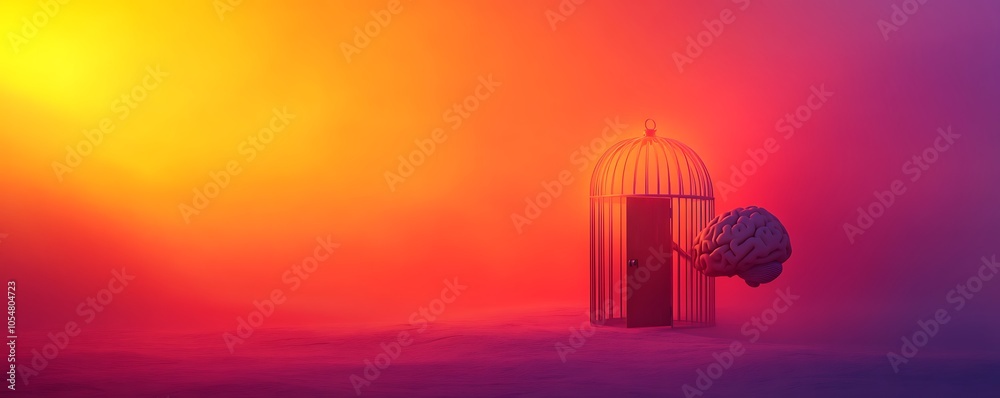 Birdcage with an open door in foggy sunset. Birdcage with an open door in foggy sunset.