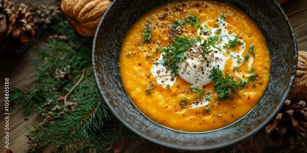 Creamy Pumpkin and Carrot Soup with Garnish on Wooden Table