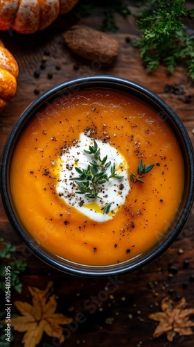 Creamy Pumpkin and Carrot Soup with Garnish on Wooden Table