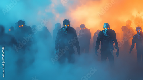 A horde of zombies with glowing eyes advancing through fog, illuminated by an eerie orange and blue light, ideal for halloween-themed horror art. Zombie Horde. Illustration photo