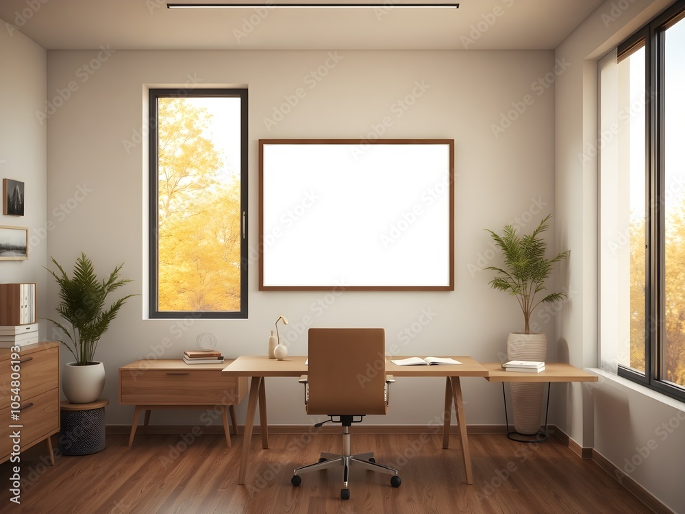 Modern Minimal Office with Blank Frame and Autumn Window View Modern Minimal Office with Blank Frame and Autumn Window View