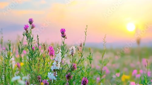 Beautiful Wildflower Meadow at Sunrise with Vibrant Warm Colors and Serene Atmosphere : Generative AI