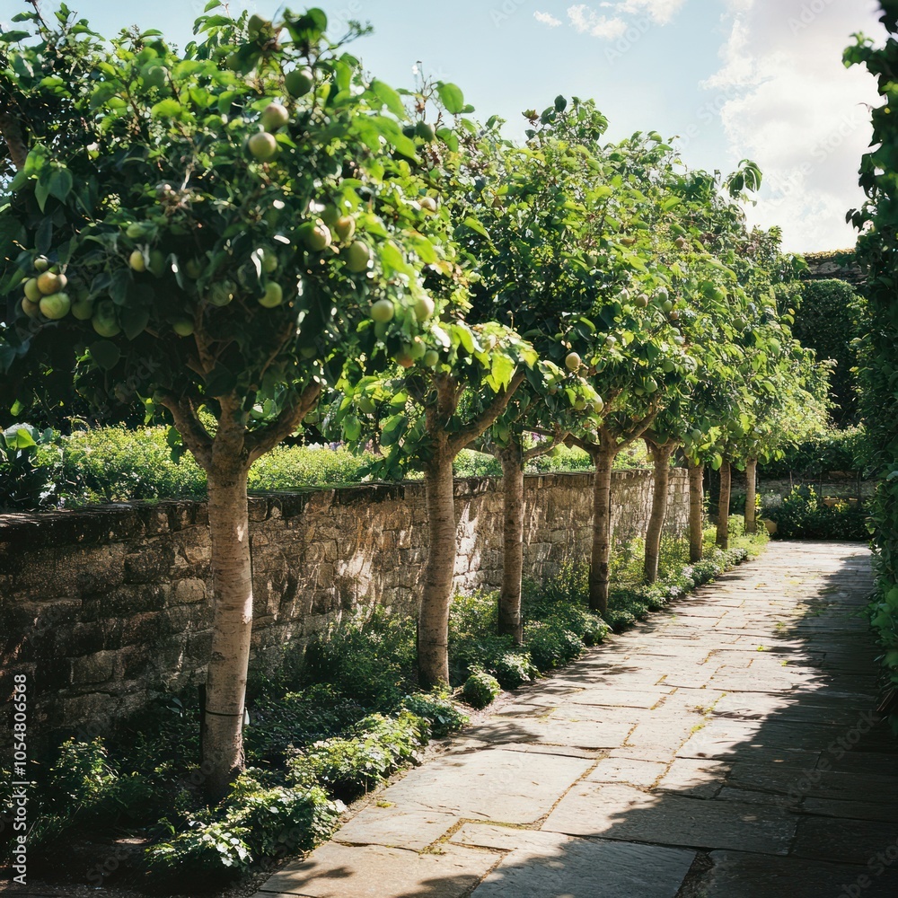 Garden with espaliered fruit trees