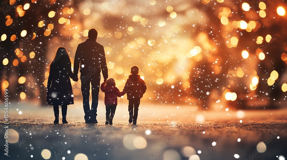 Family Strolls Through Christmas Wonderland Under Golden Festive Lights : Generative AI Family Strolls Through Christmas Wonderland Under Golden Festive Lights : Generative AI