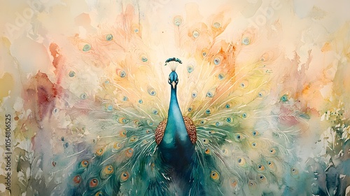 Soft watercolor of a pastel-colored peacock with its feathers softly spread in a dreamy garden