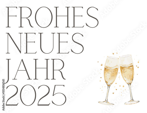 2025 Frohes neues Jahr - Schriftzug in deutscher Sprache, Aquarell Illustrierte Silvester Karte