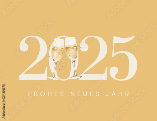 2025 Frohes neues Jahr - Gold Weißer Schriftzug in deutscher Sprache, Aquarell Illustrierte Silvester Karte