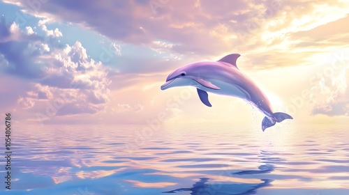 Watercolor pastel-colored dolphin jumping over a soft sea under a dreamy sky
