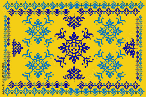 This fabric pattern, with pixelated ethnic embroidery, detailed cross-stitch, is ideal for ethnic rugs, pillowcases, and bedding sets. It combines tribal designs with modern pixel art.


