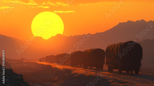 3d render of a shadowy caravan traversing the silk road a mafia of the ancient world smuggling goods between empires. Ancient Silk Road Caravan. Illustration photo