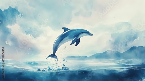 Watercolor pastel-colored dolphin jumping over a soft sea under a dreamy sky