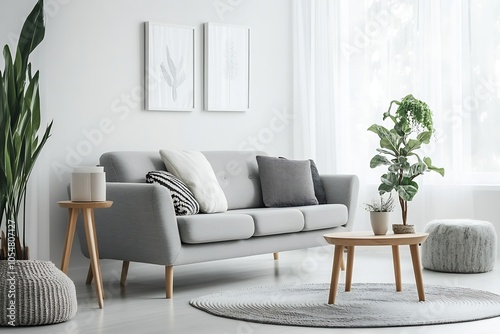 Minimalist Gray Sofa in Bright Room with Indoor Plants and Natural Light : Generative AI