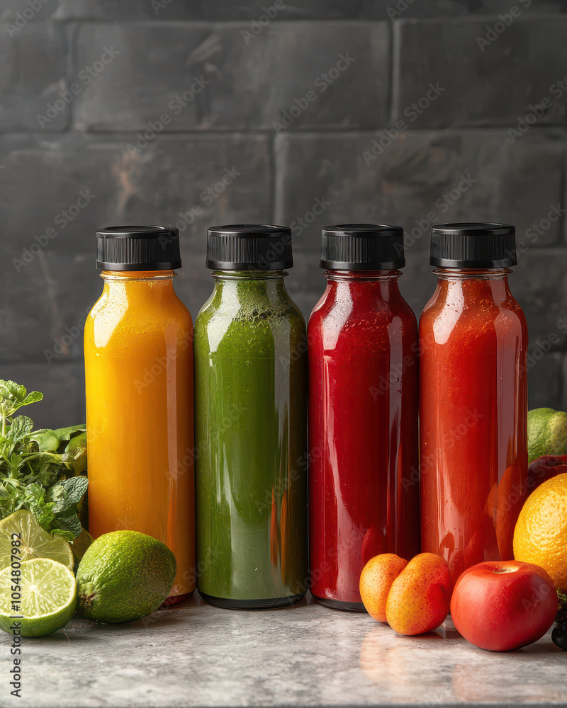 Four colorful juice bottles with fresh fruits on a stone backdrop. Four colorful juice bottles with fresh fruits on a stone backdrop.