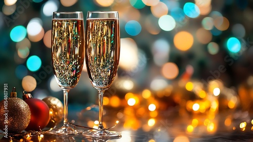 Vibrant and Festive Holiday Toast with Colorful Bokeh Lights and Champagne Glasses : Generative AI