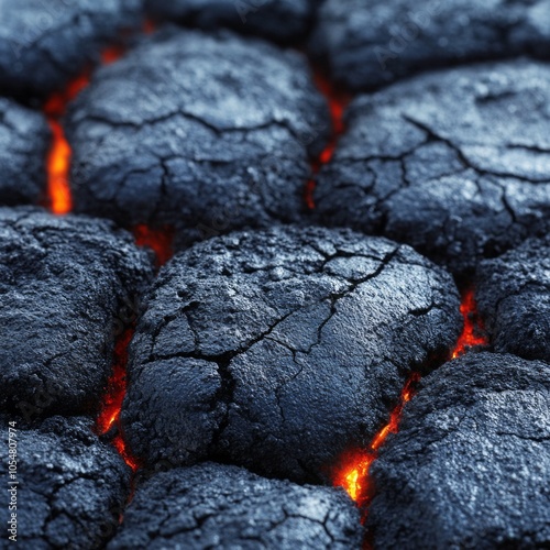 Close-up of cracked volcanic rock with glowing lava beneath the surface.
