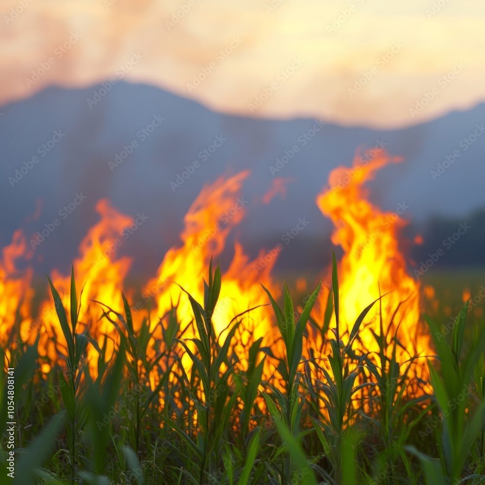 Flames engulfing a field of crops against a sunset backdrop. Flames engulfing a field of crops against a sunset backdrop.