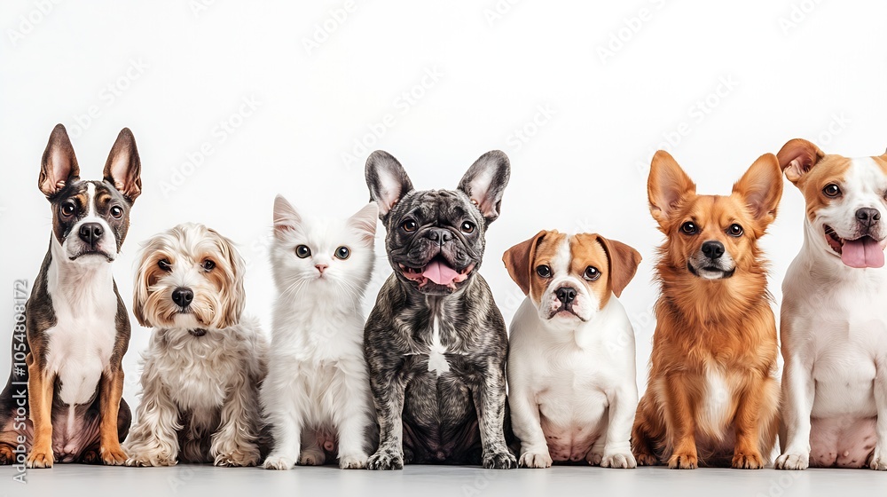 Group of Adorable Dogs and a Cat Sitting in a Line on White Background : Generative AI