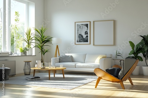 Scandinavian Inspired Living Room with Wooden Accents and Green Plants : Generative AI photo