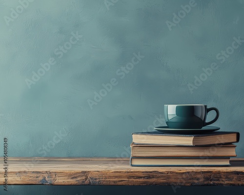 A cozy scene with books and a coffee cup on a wooden shelf, against a textured background.