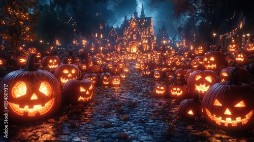 A spooky Halloween scene filled with glowing jack-o'-lanterns.