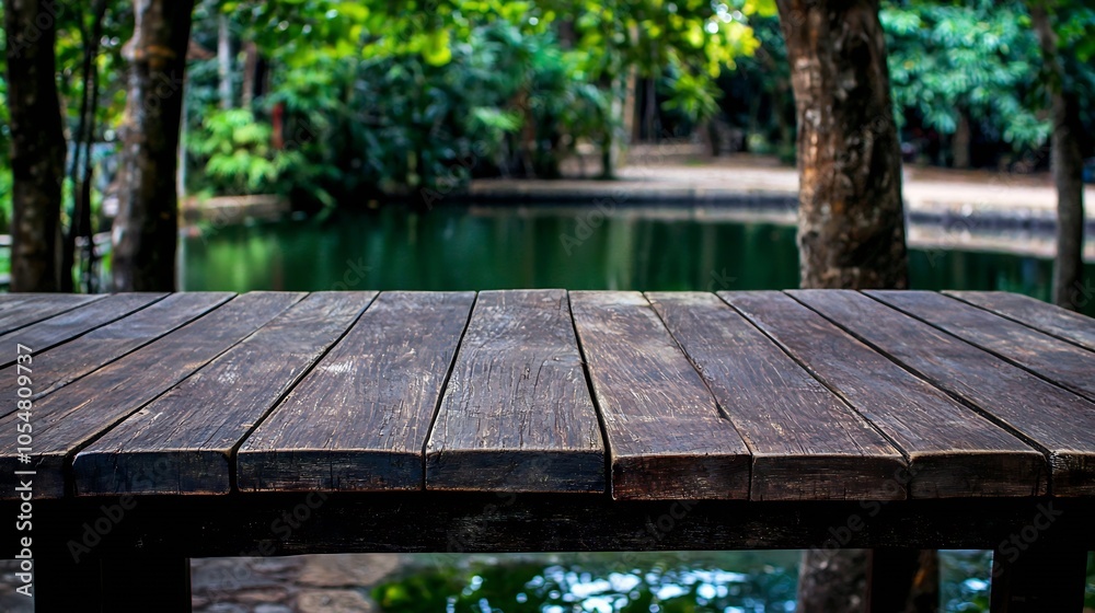 Fototapeta premium Wooden Table in Tranquil Forest Park by Lake with Dense Trees : Generative AI