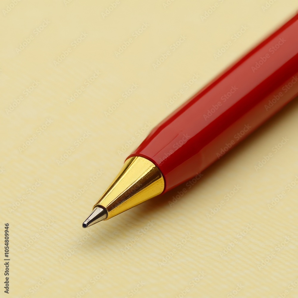 A close-up of a red pen with a gold tip on a light yellow background.