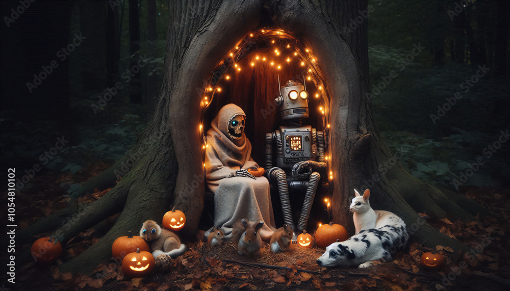 Halloween hollow tree refuge - Ghost and robot treating animals Halloween hollow tree refuge - Ghost and robot treating animals
